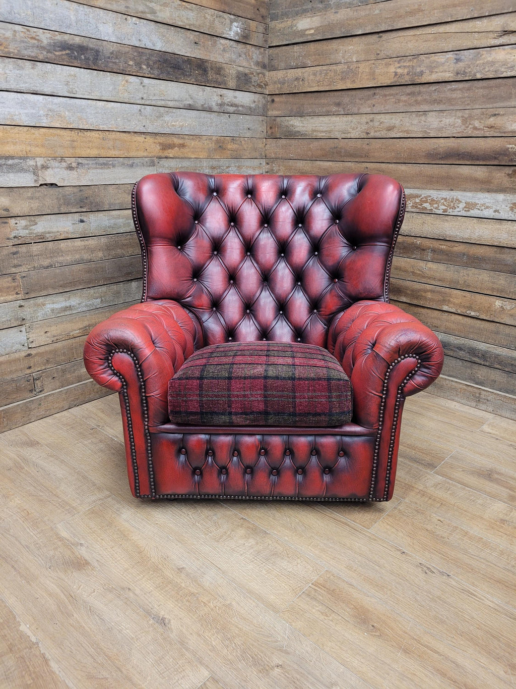 Chesterfield Wingback Armchair Leather Oxblood Red Vintage Tartan Cushion #1