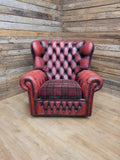 Chesterfield Wingback Armchair Leather Oxblood Red Vintage Tartan Cushion #1