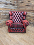 Chesterfield Wingback Armchair Leather Oxblood Red Vintage Tartan Cushion #1