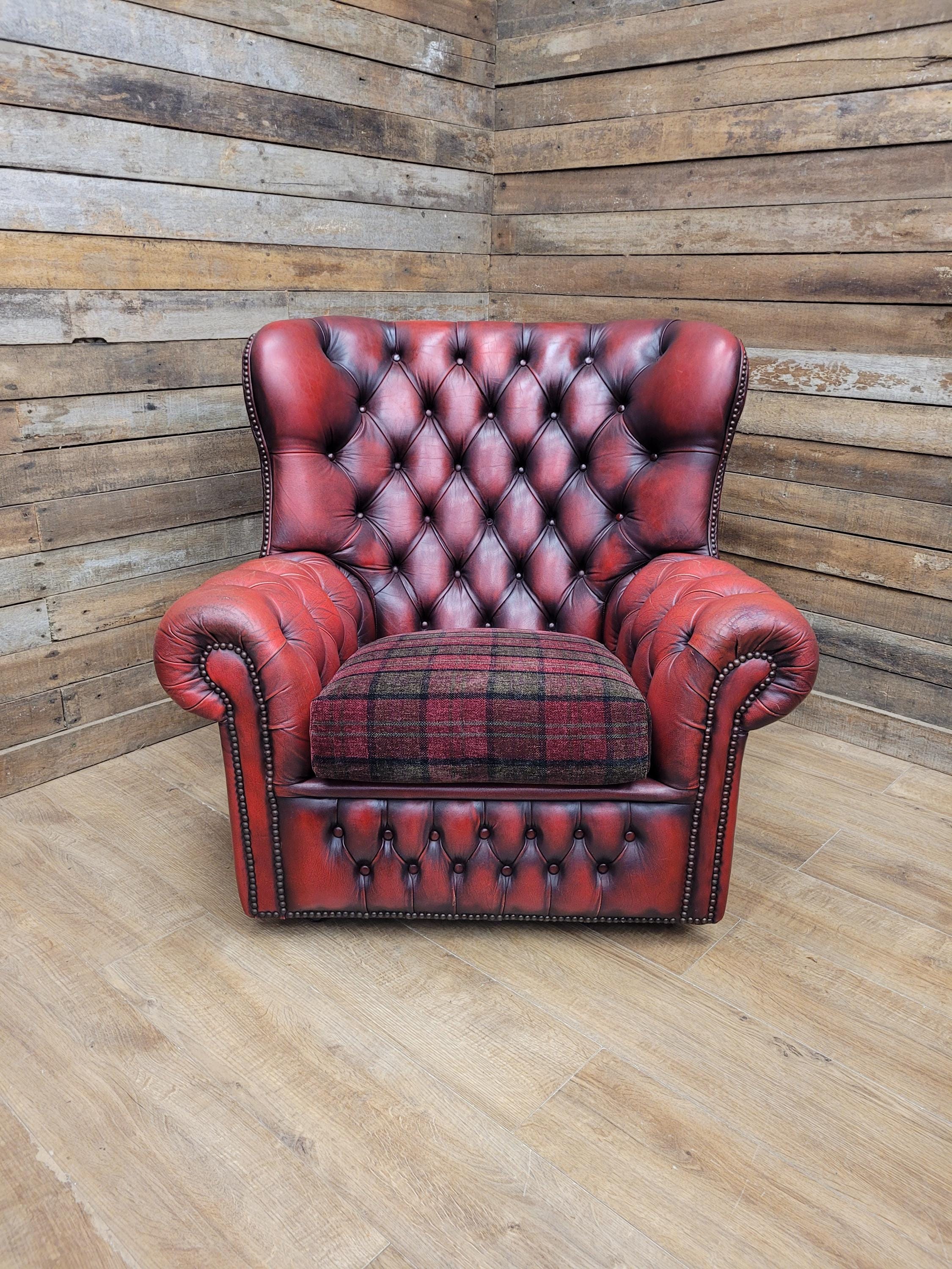 Chesterfield Wingback Armchair Leather Oxblood Red Vintage Tartan Cushion #1
