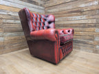 Chesterfield Wingback Armchair Leather Oxblood Red Vintage Tartan Cushion #1