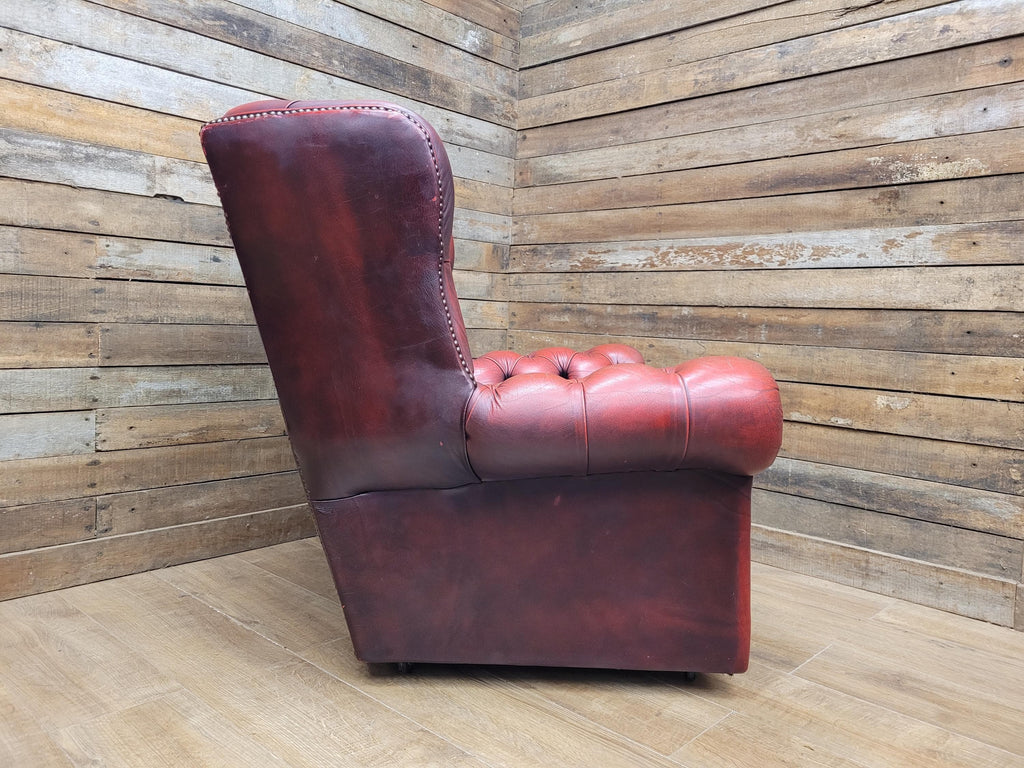 Chesterfield Wingback Armchair Leather Oxblood Red Vintage Tartan Cushion #1