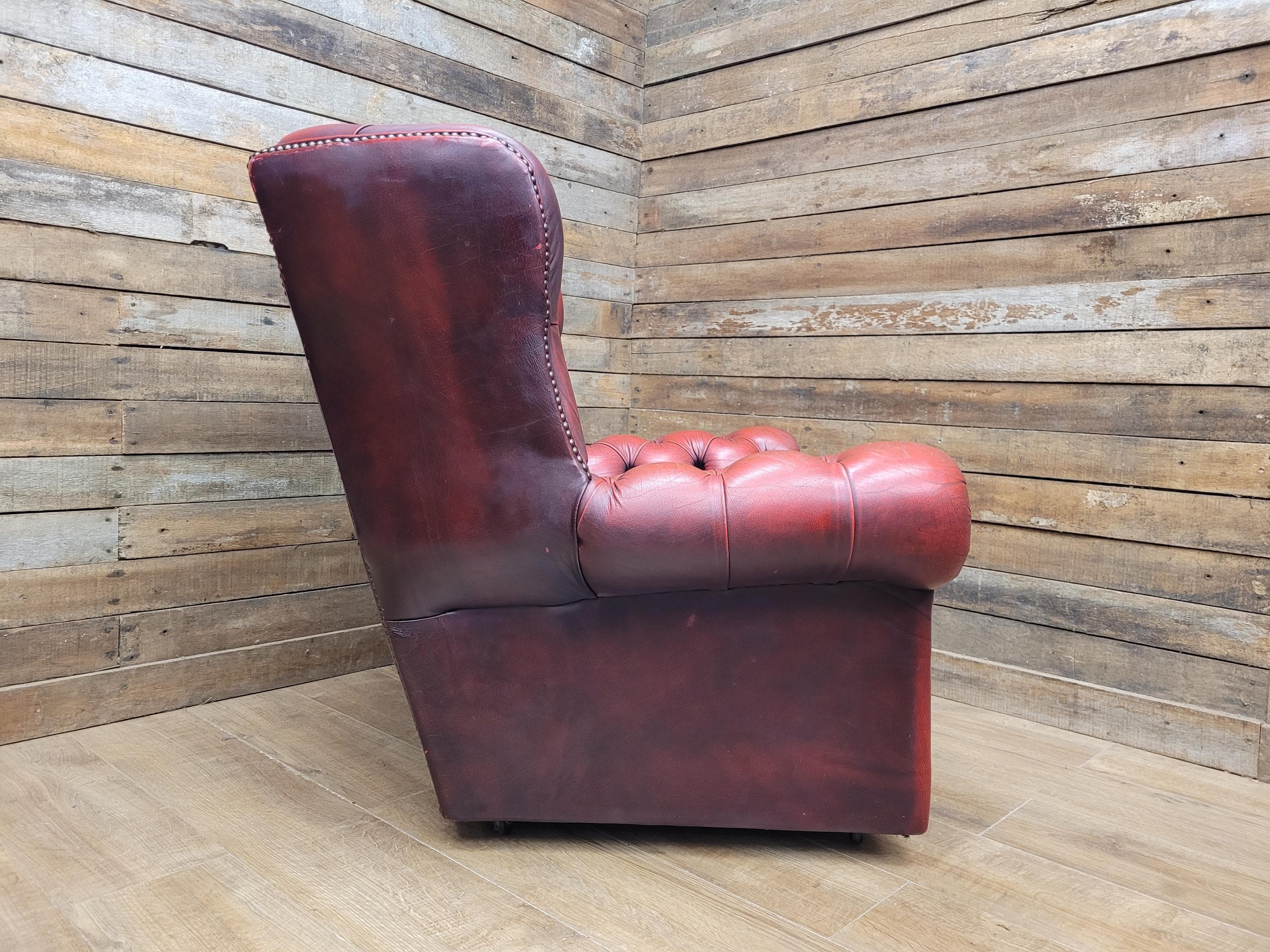 Chesterfield Wingback Armchair Leather Oxblood Red Vintage Tartan Cushion #1
