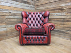 Chesterfield Wingback Armchair Leather Oxblood Red Vintage Tartan Cushion #1