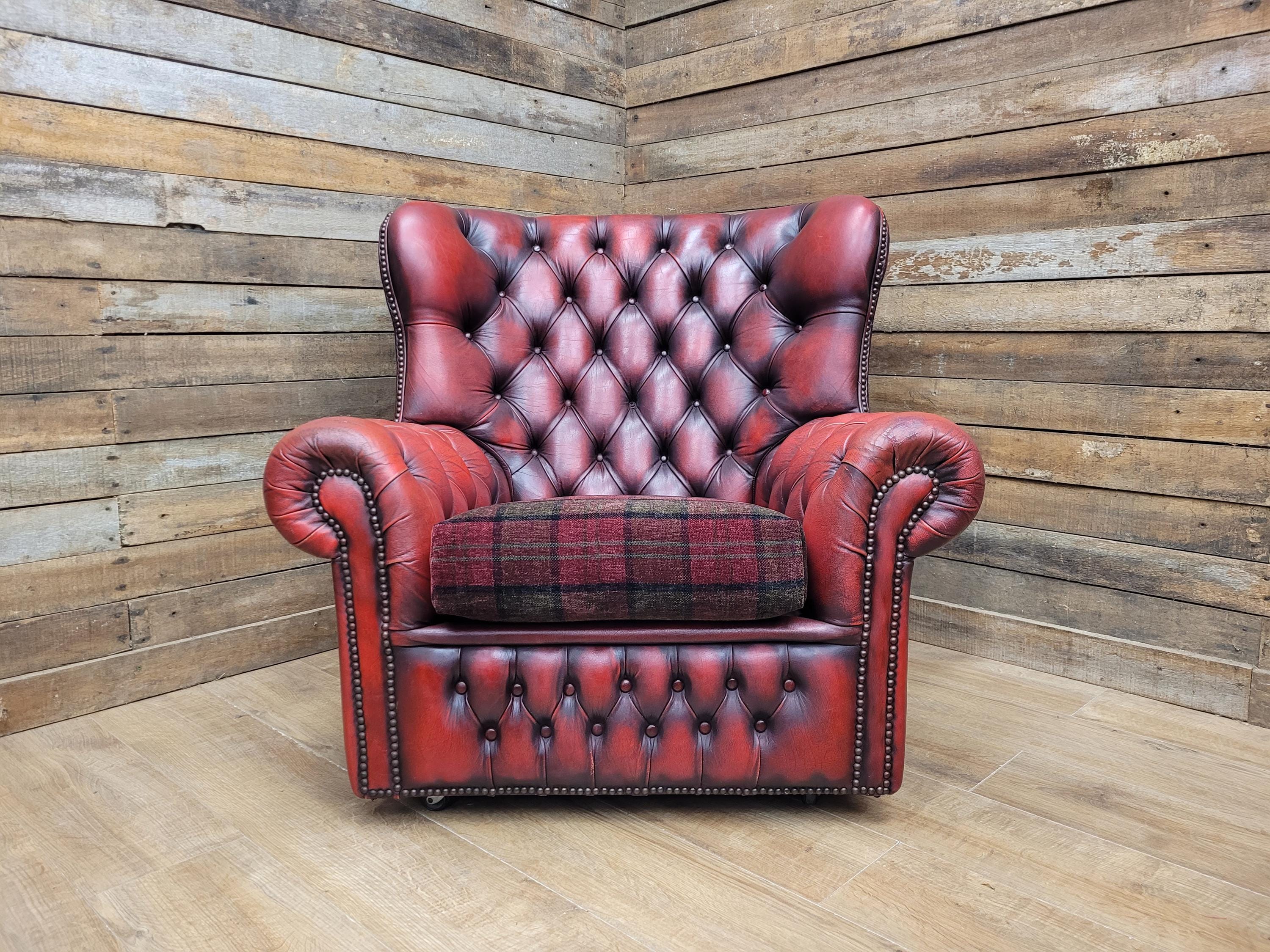 Chesterfield Wingback Armchair Leather Oxblood Red Vintage Tartan Cushion #1