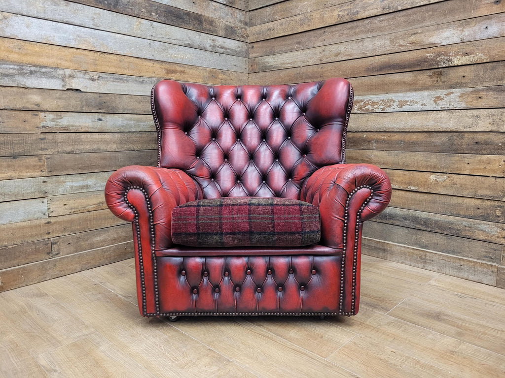 Chesterfield Wingback Armchair Leather Oxblood Red Vintage Tartan Cushion #1