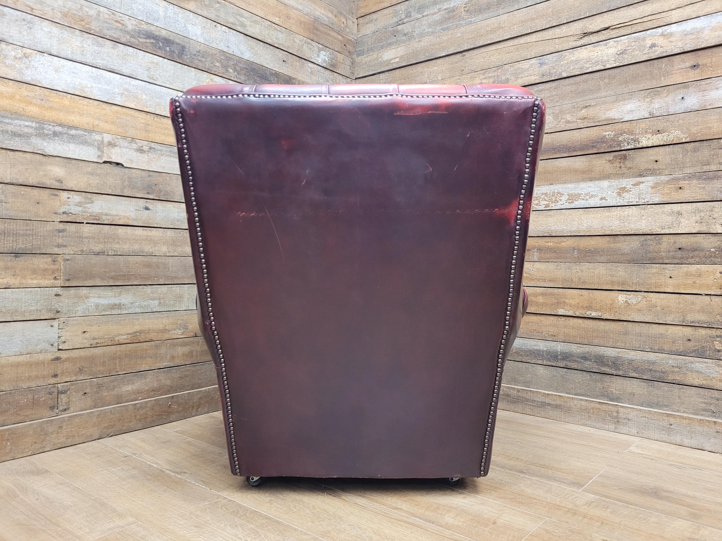 Chesterfield Wingback Armchair Leather Oxblood Red Vintage Tartan Cushion #1