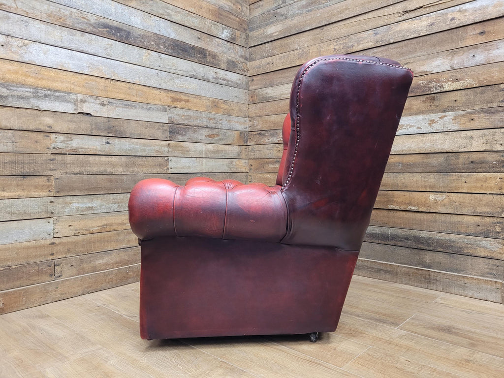 Chesterfield Wingback Armchair Leather Oxblood Red Vintage Tartan Cushion #1