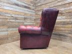 Chesterfield Wingback Armchair Leather Oxblood Red Vintage Tartan Cushion #1