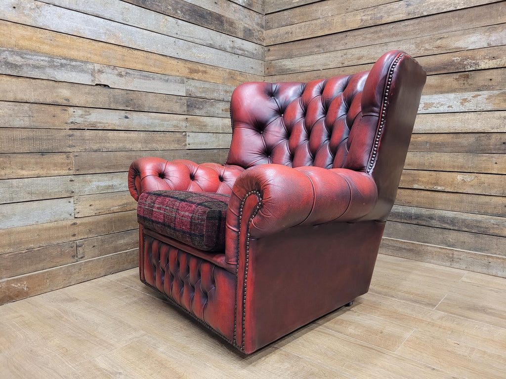 Chesterfield Wingback Armchair Leather Oxblood Red Vintage Tartan Cushion #1