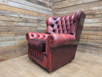 Chesterfield Wingback Armchair Leather Oxblood Red Vintage Tartan Cushion #1