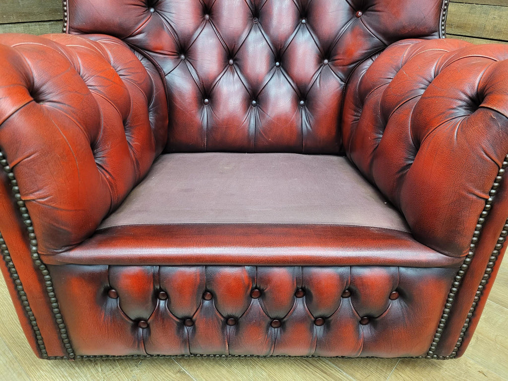 Chesterfield Wingback Armchair Leather Oxblood Red Vintage Tartan Cushion #1