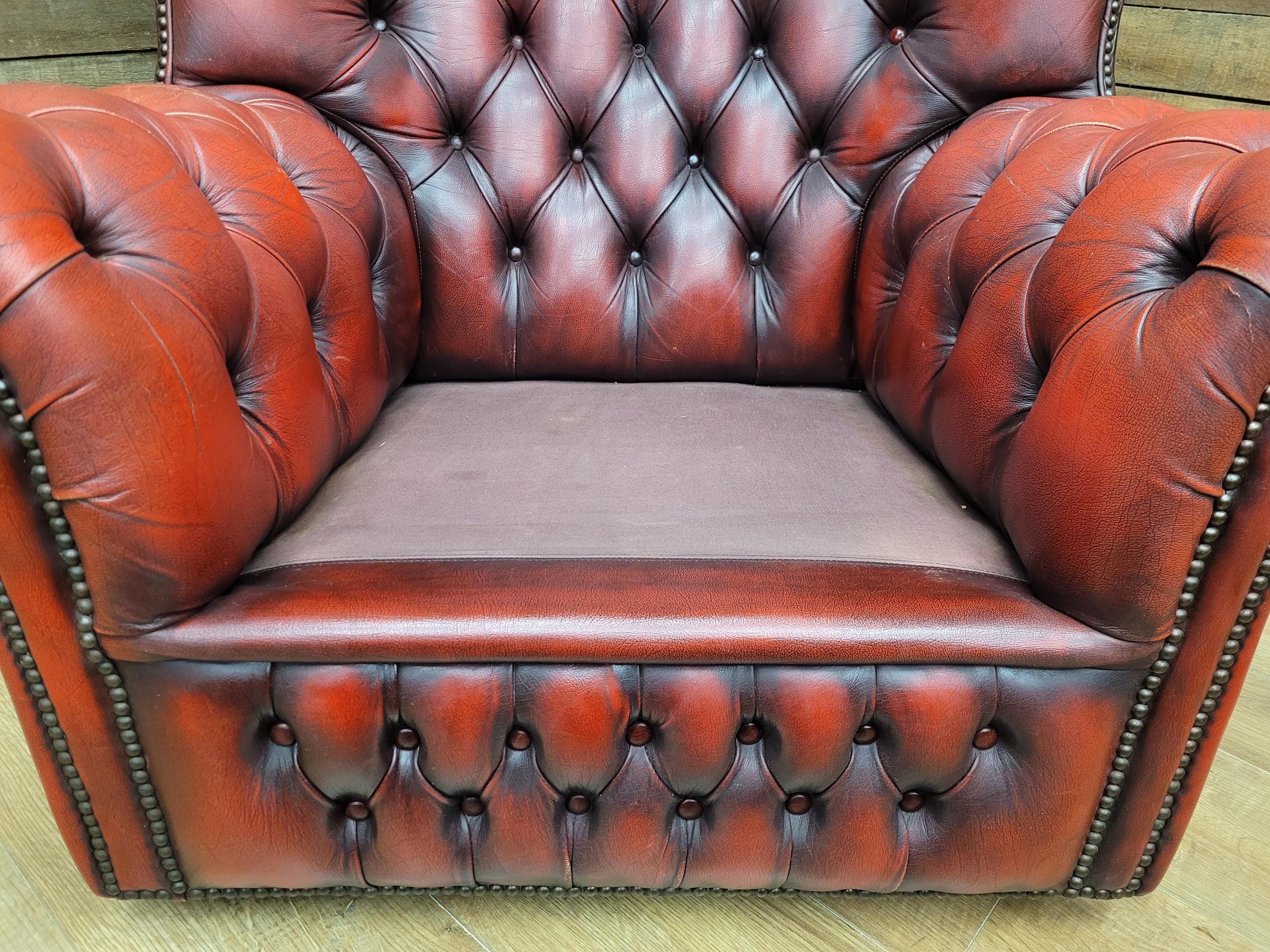 Chesterfield Wingback Armchair Leather Oxblood Red Vintage Tartan Cushion #1