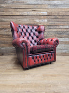 Oxblood Red Chesterfield Wingback Armchair Leather Vintage Tartan Cushion #2