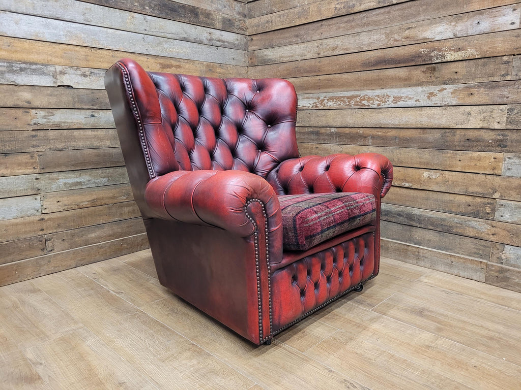 Oxblood Red Chesterfield Wingback Armchair Leather Vintage Tartan Cushion #2