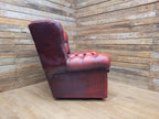Oxblood Red Chesterfield Wingback Armchair Leather Vintage Tartan Cushion #2
