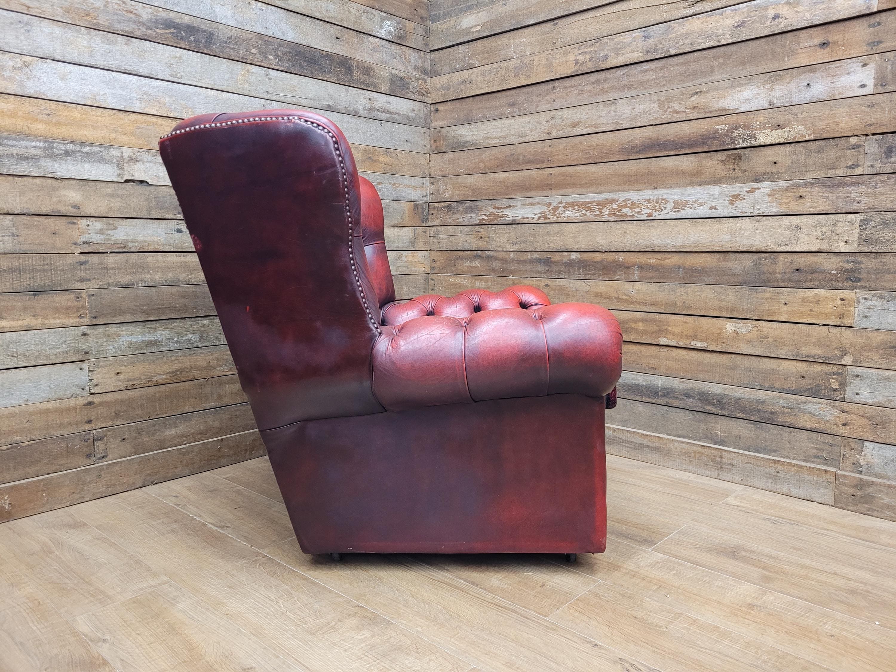 Oxblood Red Chesterfield Wingback Armchair Leather Vintage Tartan Cushion #2