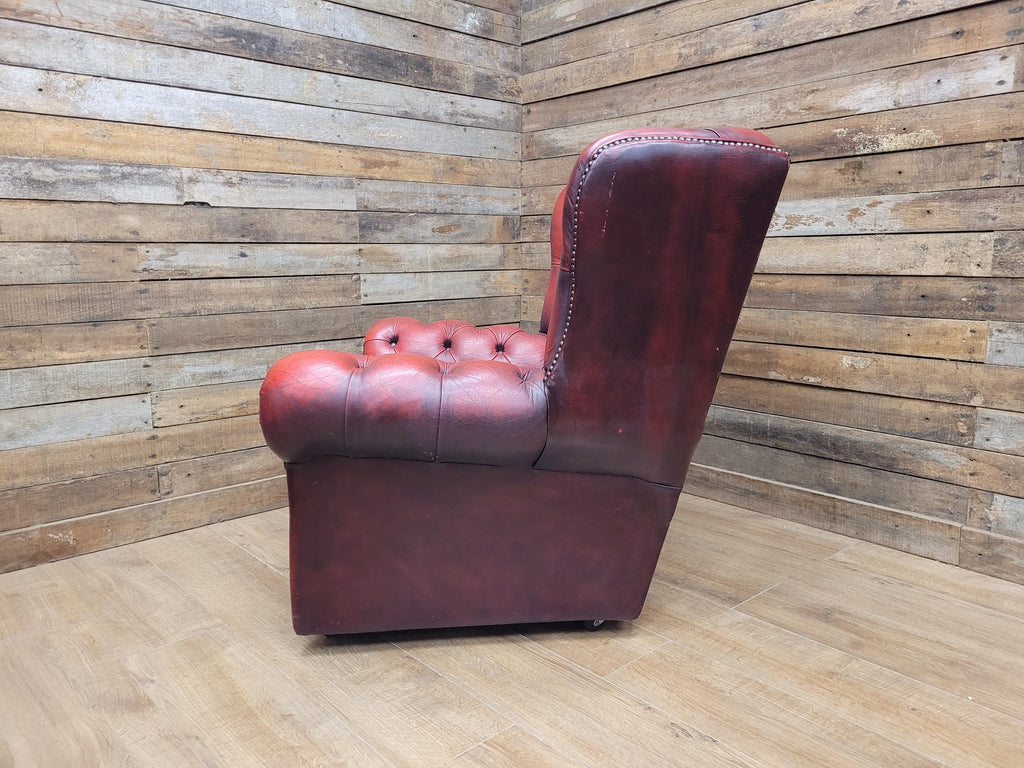 Oxblood Red Chesterfield Wingback Armchair Leather Vintage Tartan Cushion #2