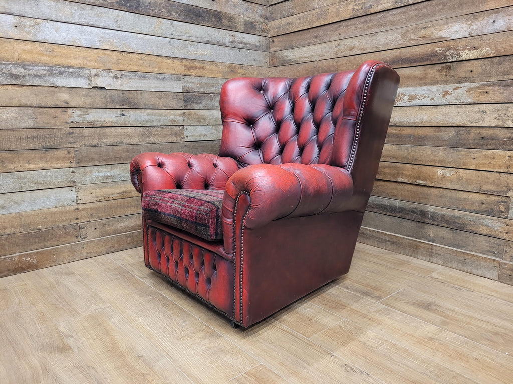 Oxblood Red Chesterfield Wingback Armchair Leather Vintage Tartan Cushion #2