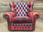 Oxblood Red Chesterfield Wingback Armchair Leather Vintage Tartan Cushion #2