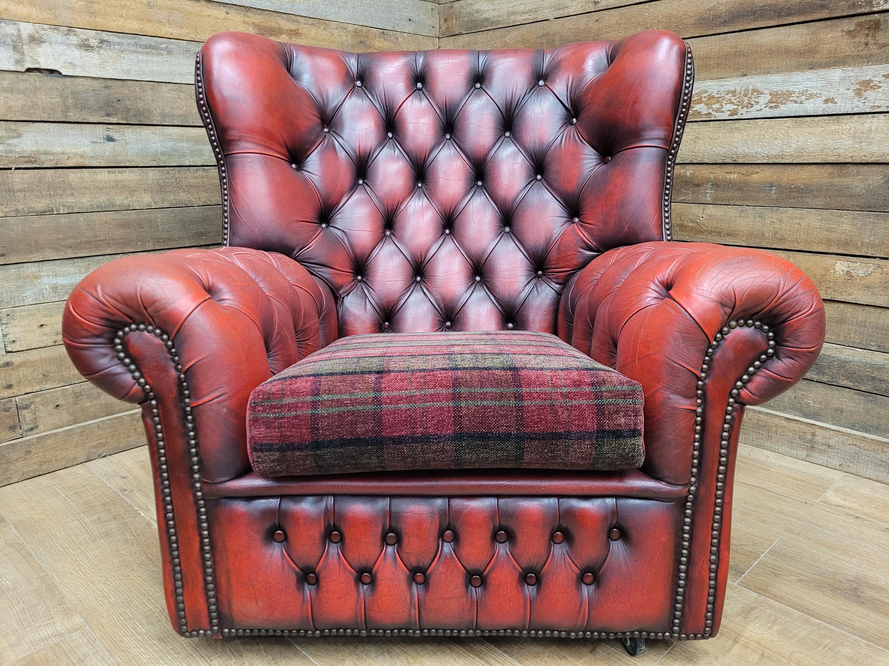 Oxblood Red Chesterfield Wingback Armchair Leather Vintage Tartan Cushion #2