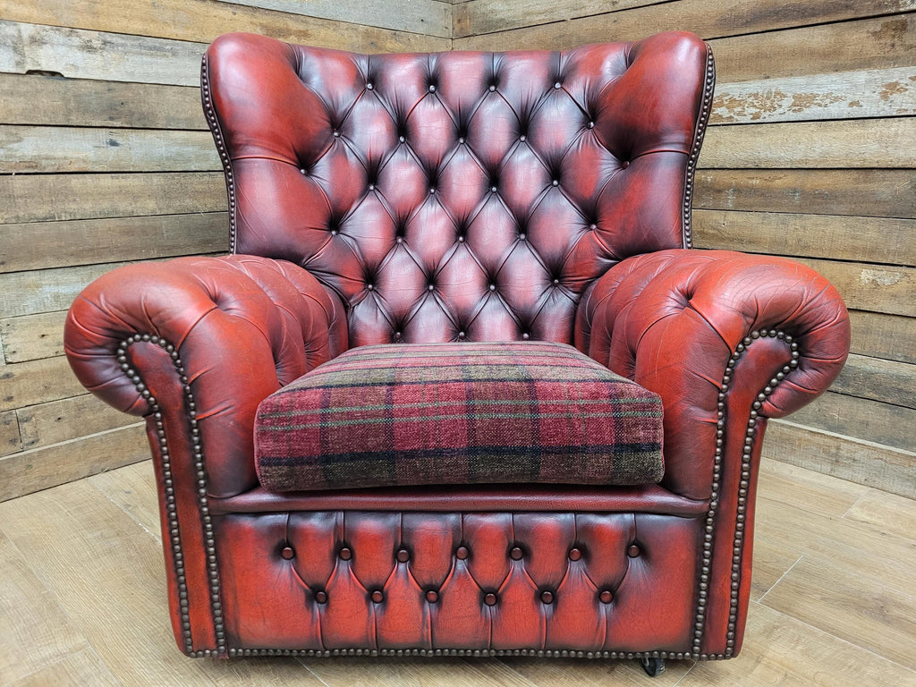 Oxblood Red Chesterfield Wingback Armchair Leather Vintage Tartan Cushion #2