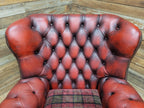 Oxblood Red Chesterfield Wingback Armchair Leather Vintage Tartan Cushion #2
