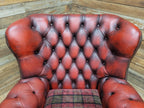 Oxblood Red Chesterfield Wingback Armchair Leather Vintage Tartan Cushion #2
