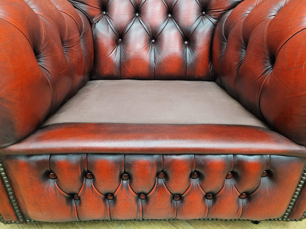 Oxblood Red Chesterfield Wingback Armchair Leather Vintage Tartan Cushion #2