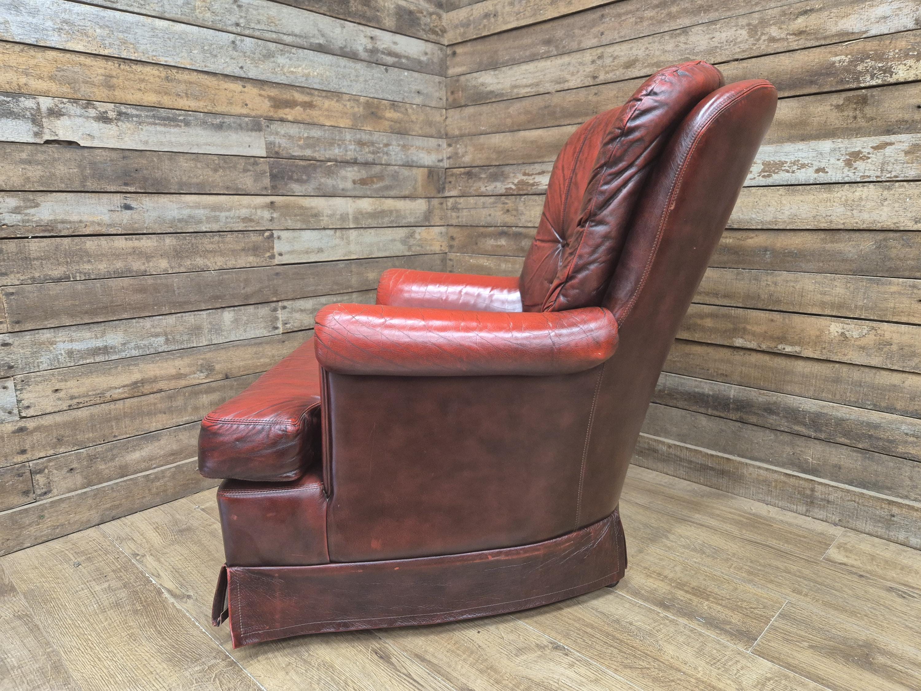 Ox Blood Leather Armchair Red Chesterfield Back Club Chair Scroll Arms