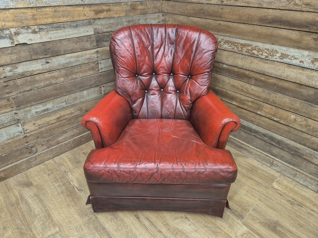 Ox Blood Leather Armchair Red Chesterfield Back Club Chair Scroll Arms