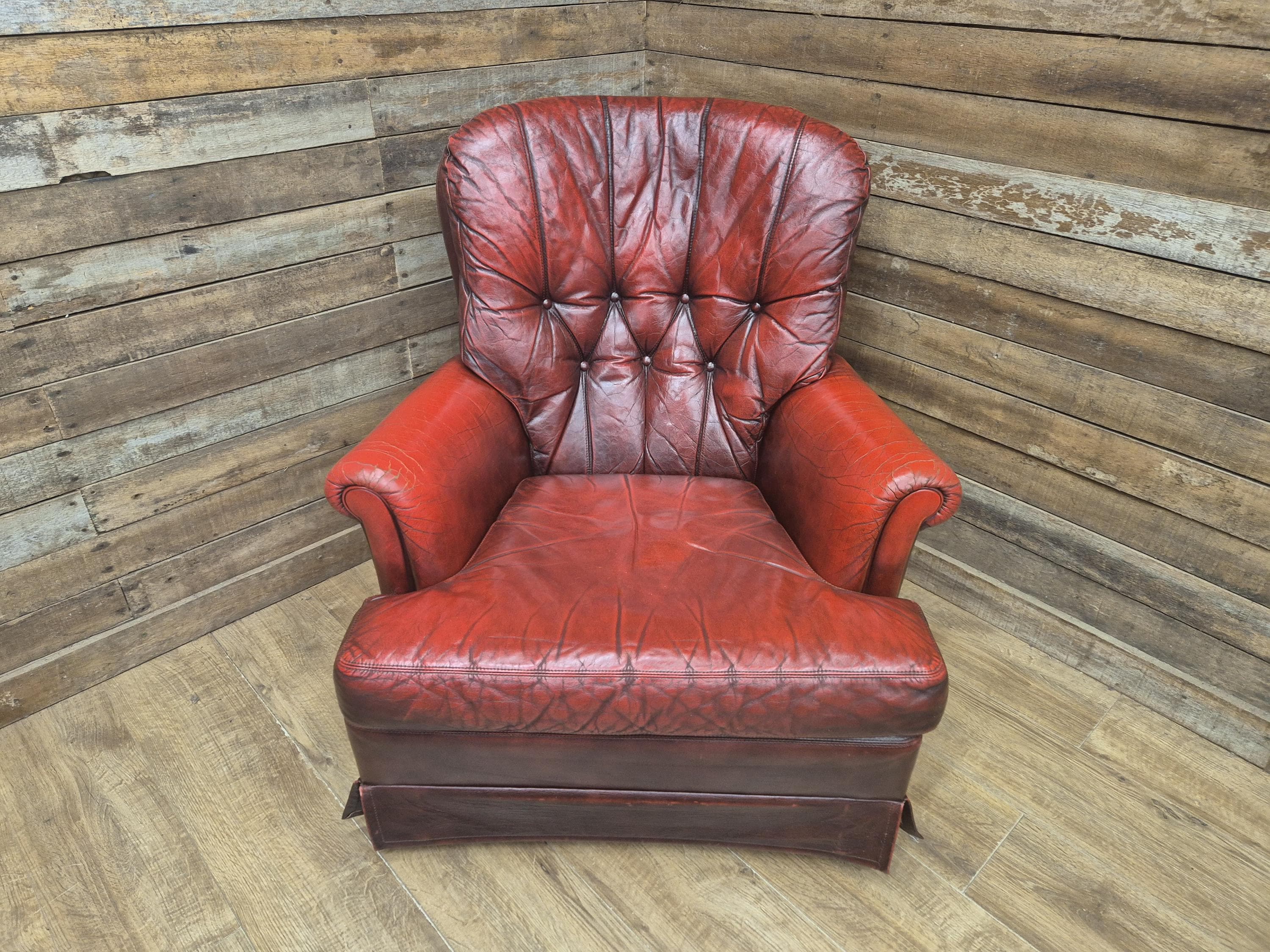 Ox Blood Leather Armchair Red Chesterfield Back Club Chair Scroll Arms