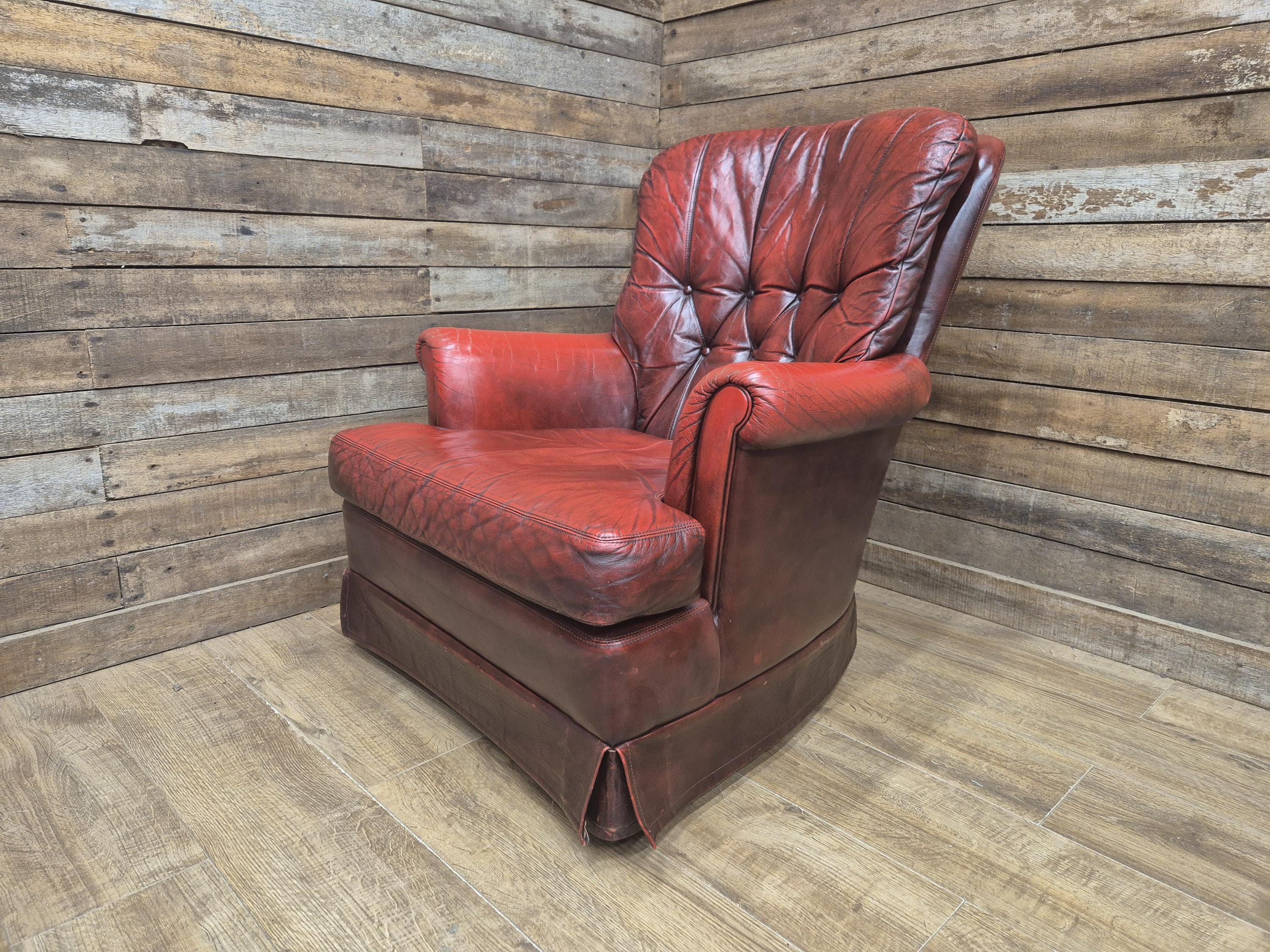 Ox Blood Leather Armchair Red Chesterfield Back Club Chair Scroll Arms