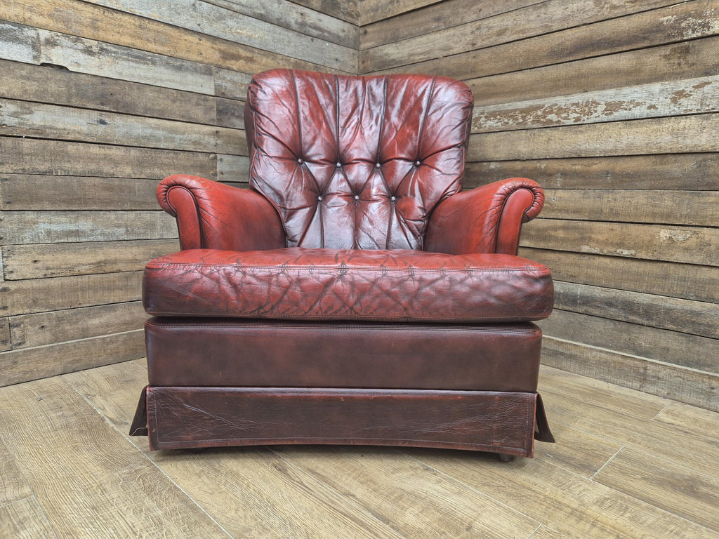 Ox Blood Leather Armchair Red Chesterfield Back Club Chair Scroll Arms