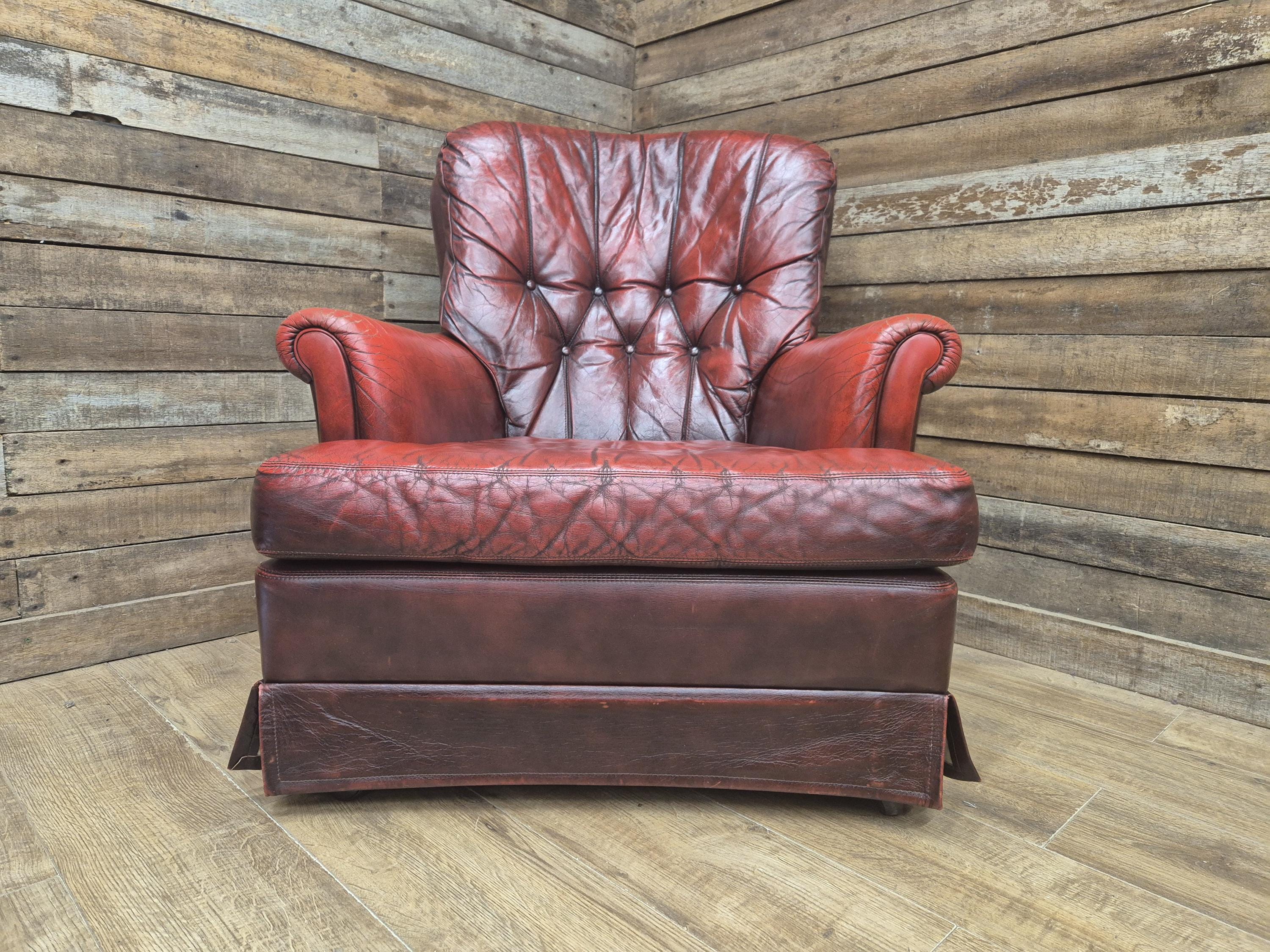 Ox Blood Leather Armchair Red Chesterfield Back Club Chair Scroll Arms