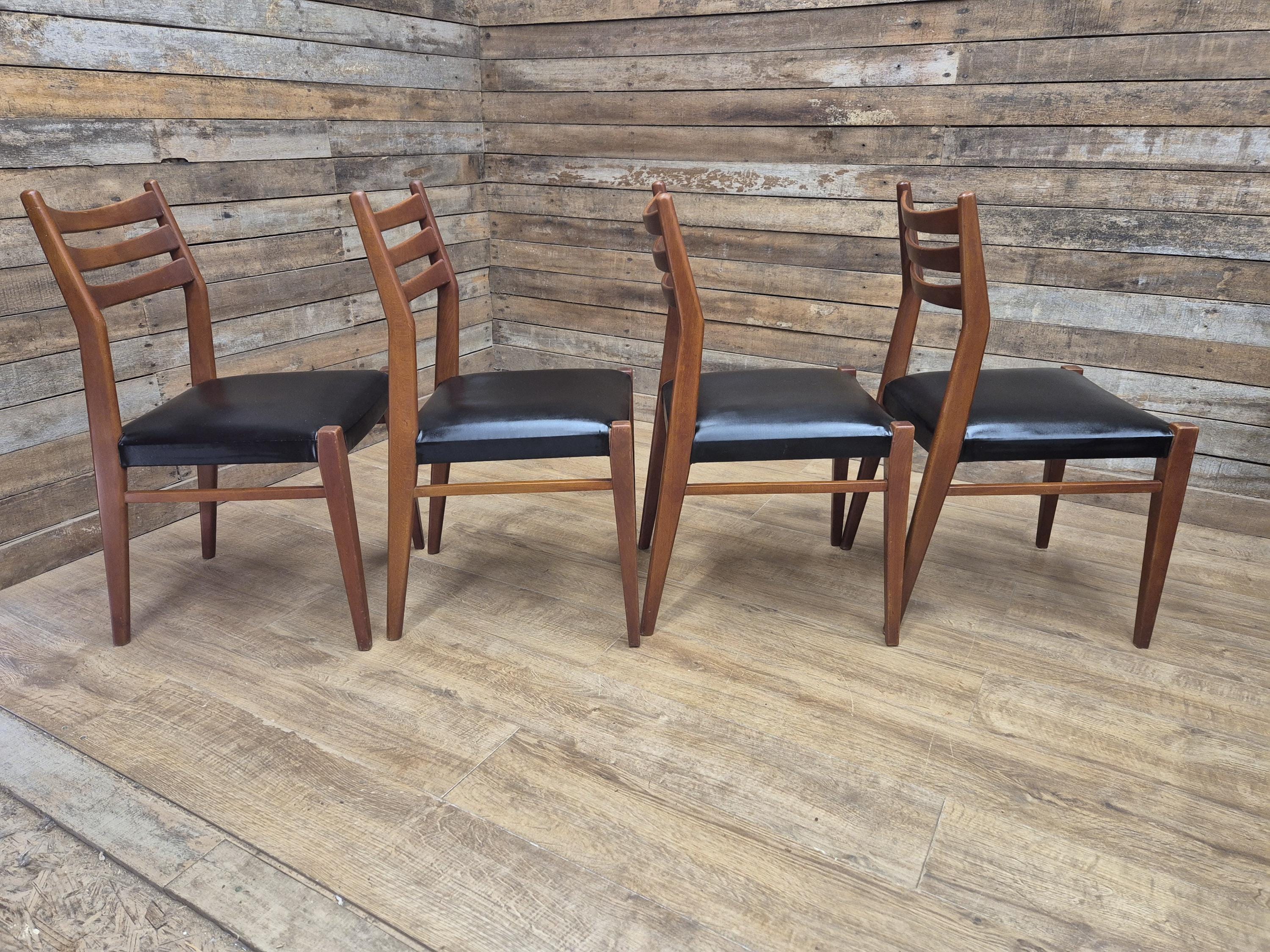 Teak Dining Chairs Set Mid Century Ladder Back Black Seat Four Retro Chairs