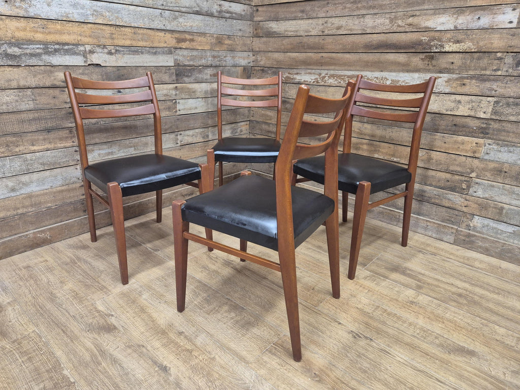 Teak Dining Chairs Set Mid Century Ladder Back Black Seat Four Retro Chairs