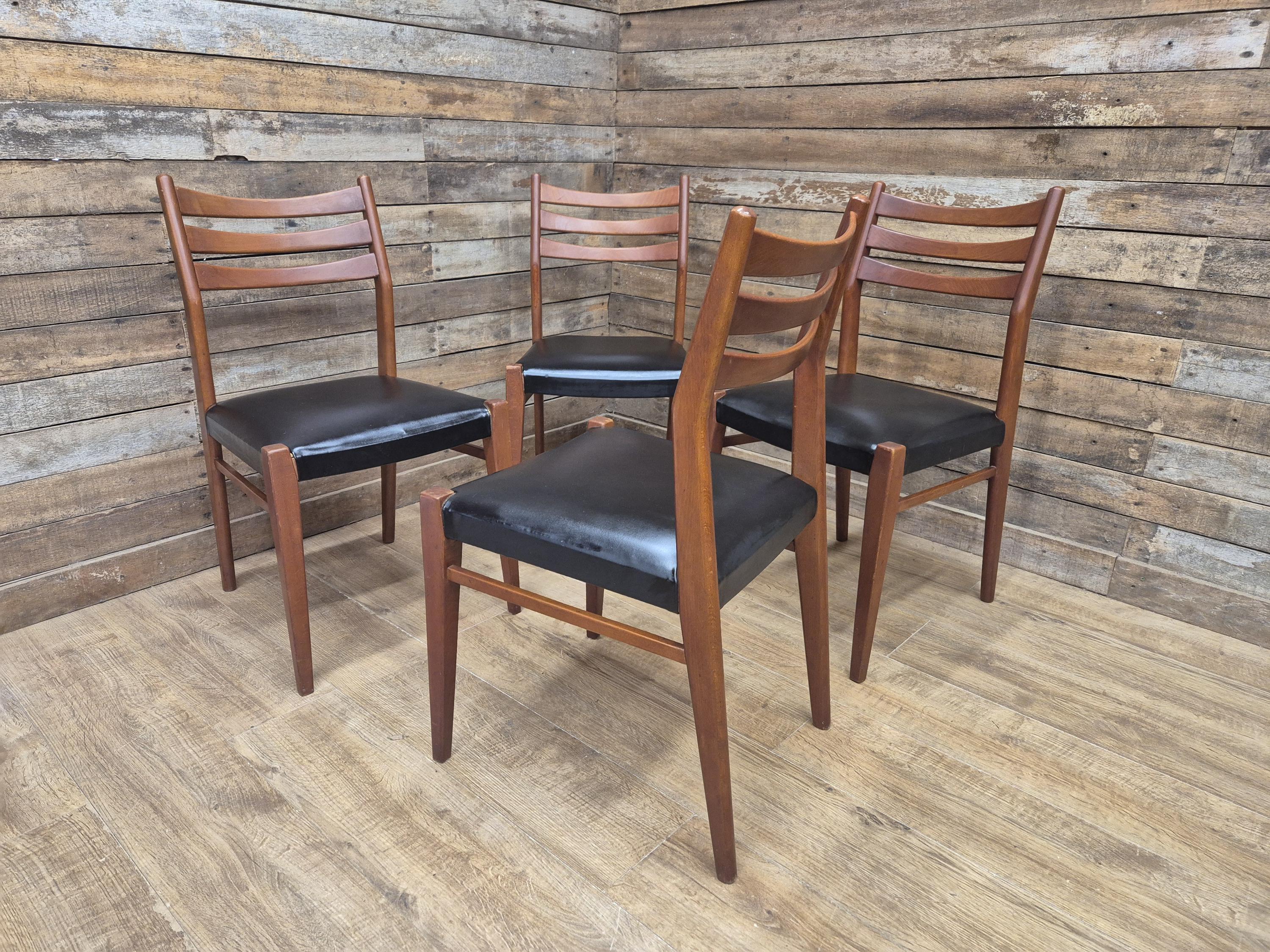 Teak Dining Chairs Set Mid Century Ladder Back Black Seat Four Retro Chairs