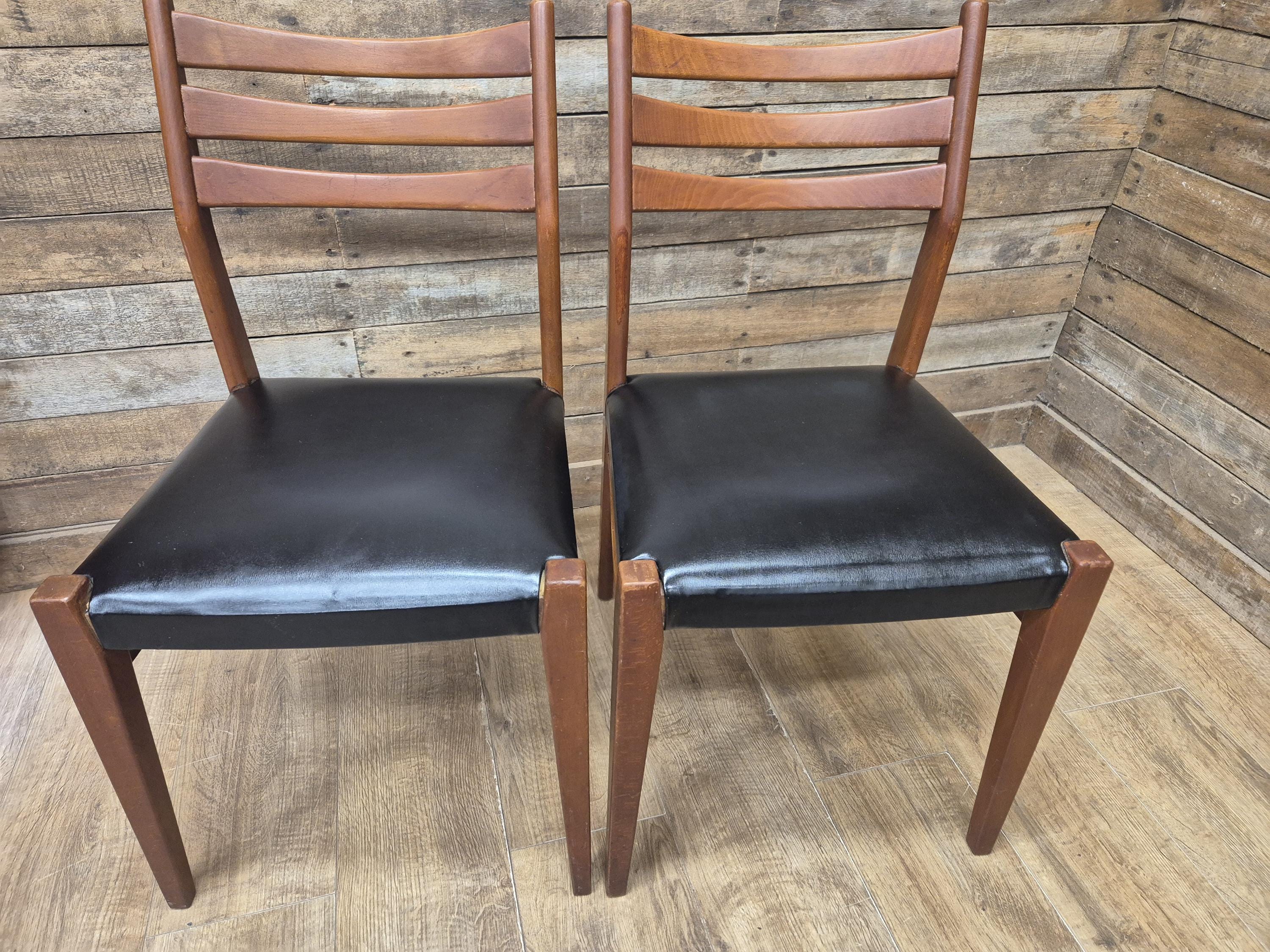 Teak Dining Chairs Set Mid Century Ladder Back Black Seat Four Retro Chairs