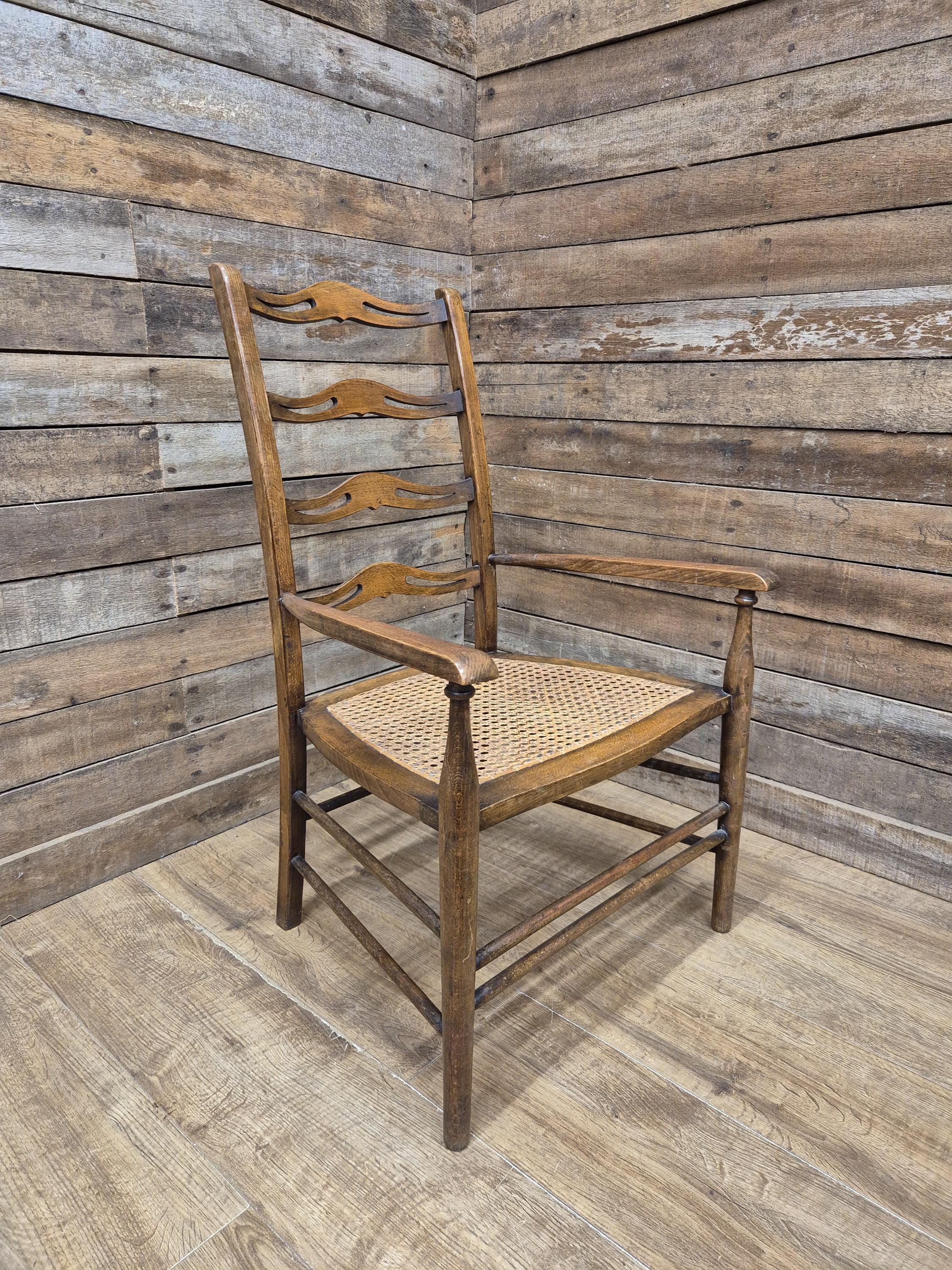 Oak Ladderback Armchair Arts Crafts Style Bergere Seat Carver Hall Bedroom Chair