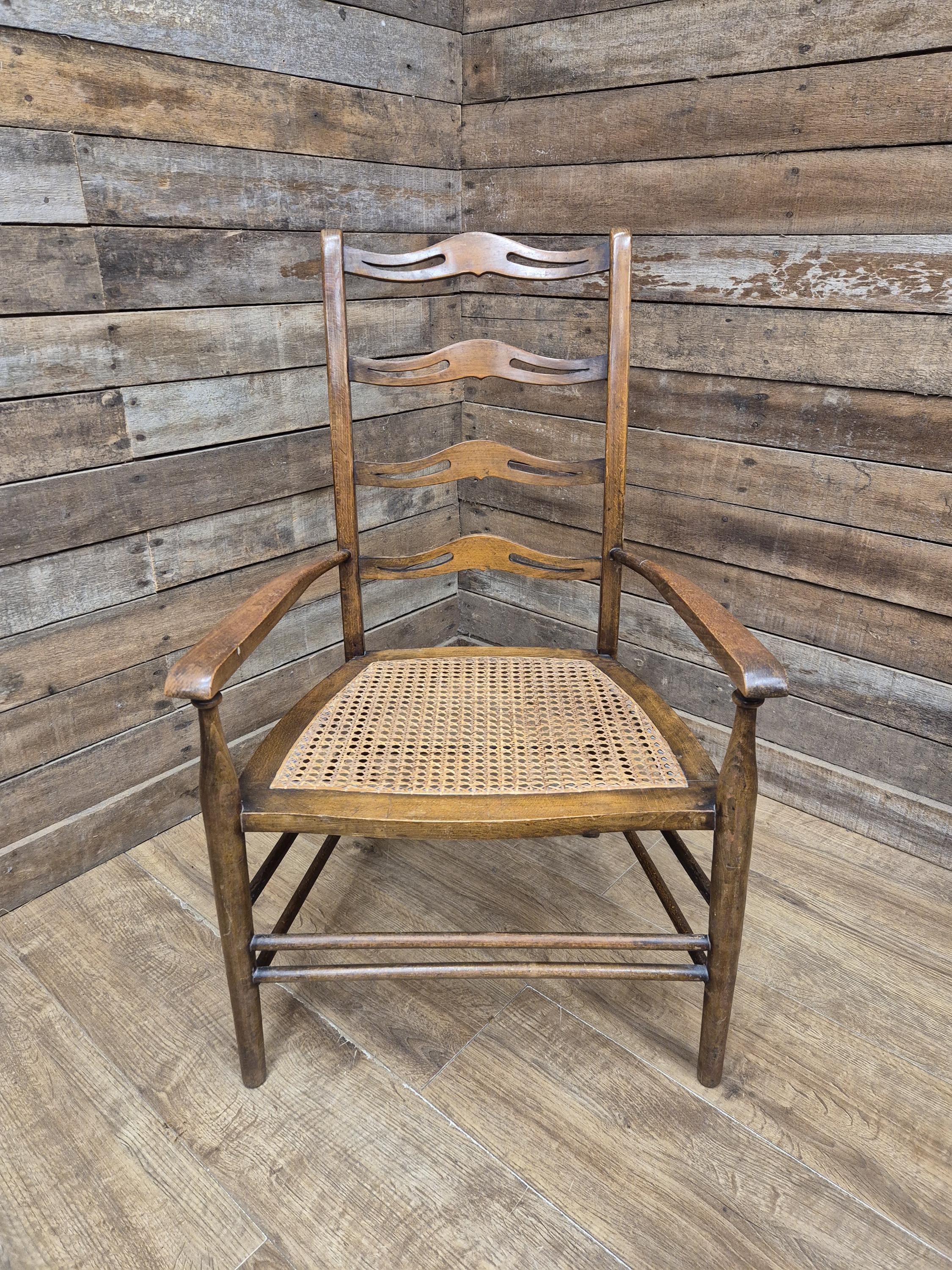 Oak Ladderback Armchair Arts Crafts Style Bergere Seat Carver Hall Bedroom Chair