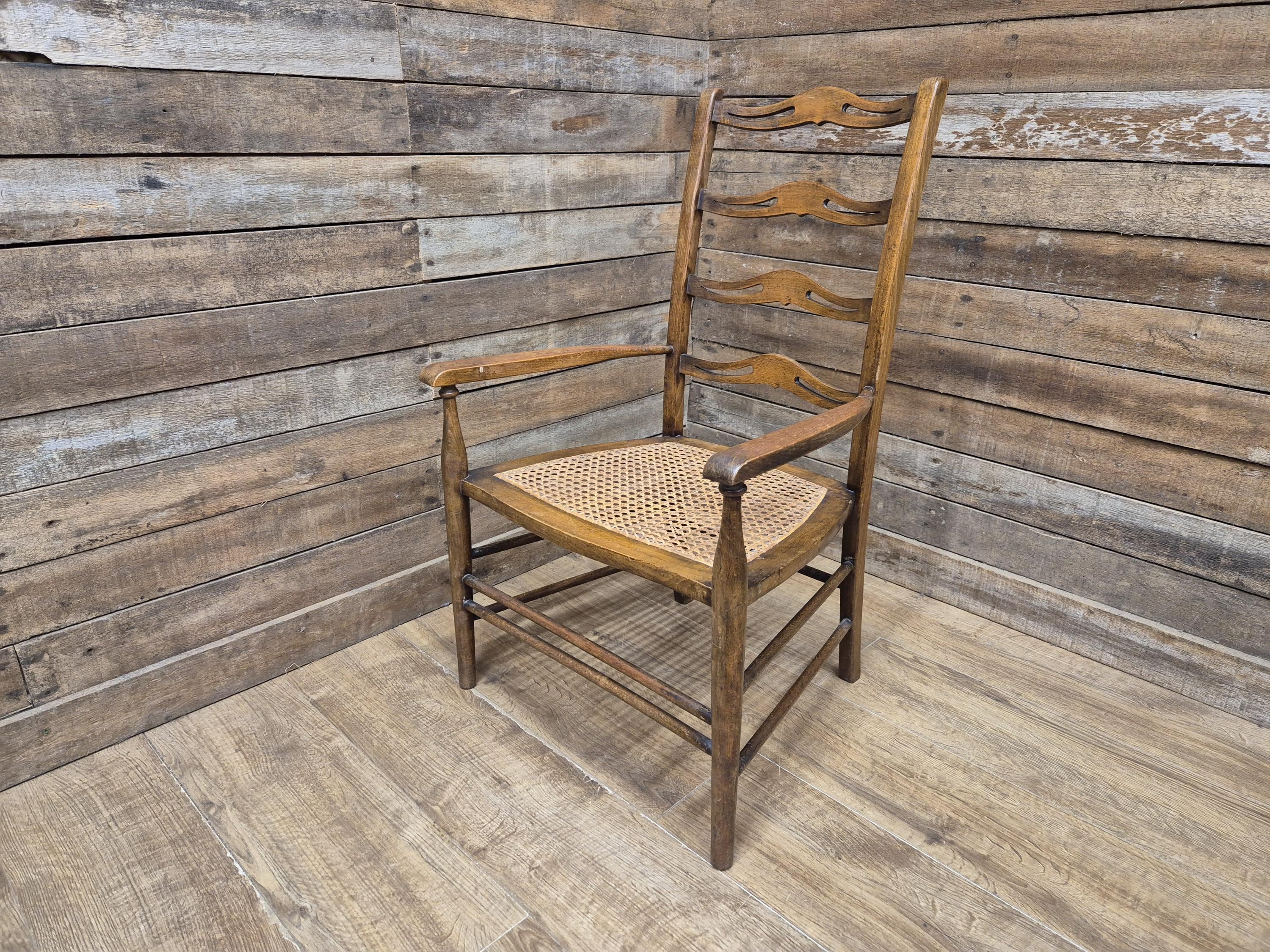 Oak Ladderback Armchair Arts Crafts Style Bergere Seat Carver Hall Bedroom Chair