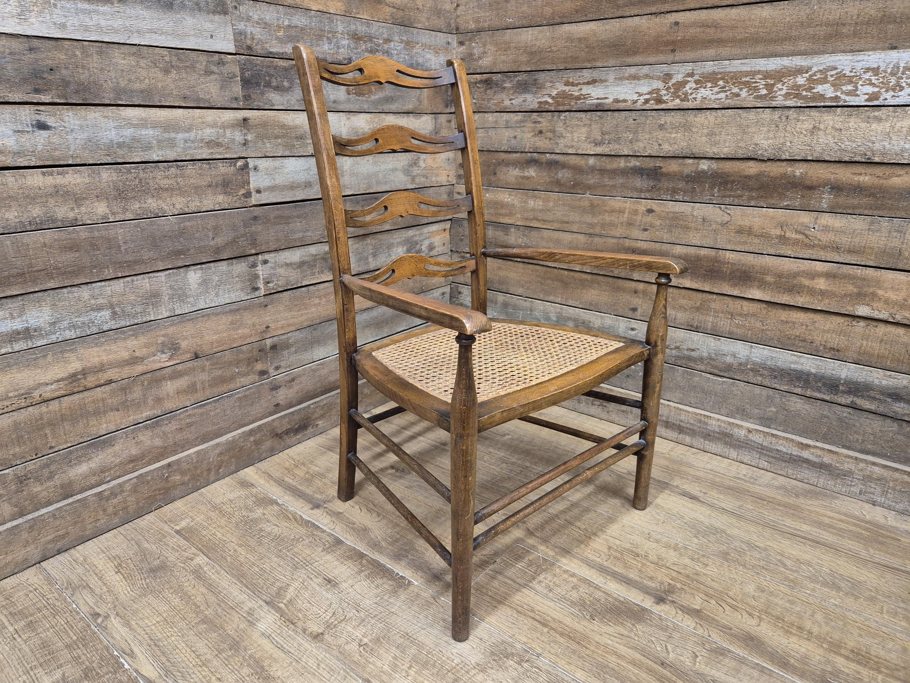 Oak Ladderback Armchair Arts Crafts Style Bergere Seat Carver Hall Bedroom Chair