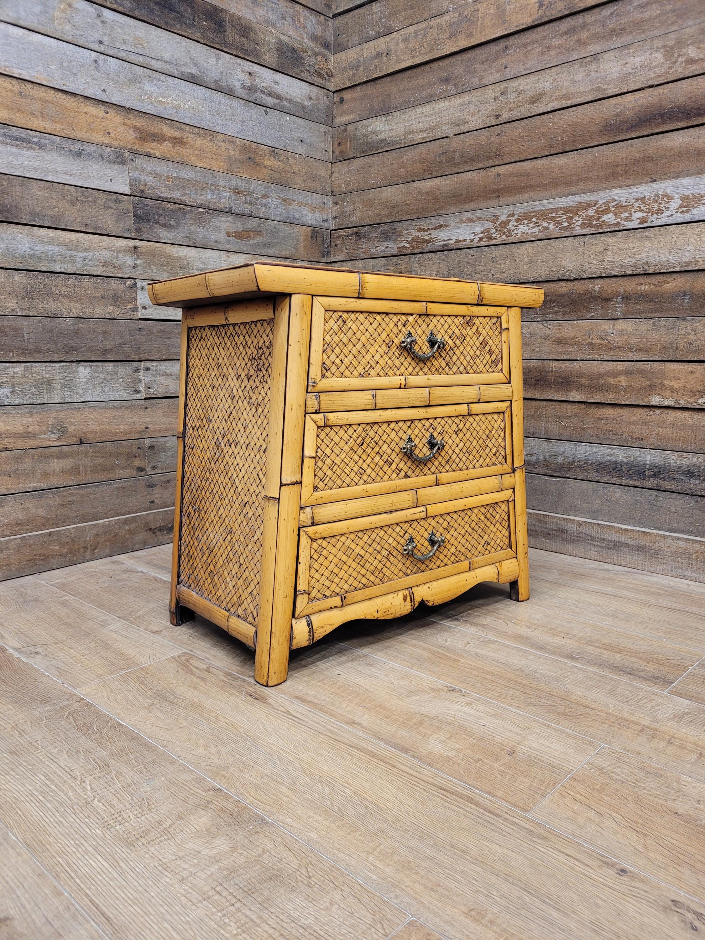 Bamboo Chest Of Drawers Wicker Fronted Vintage Bedside Cabinet Side Chest