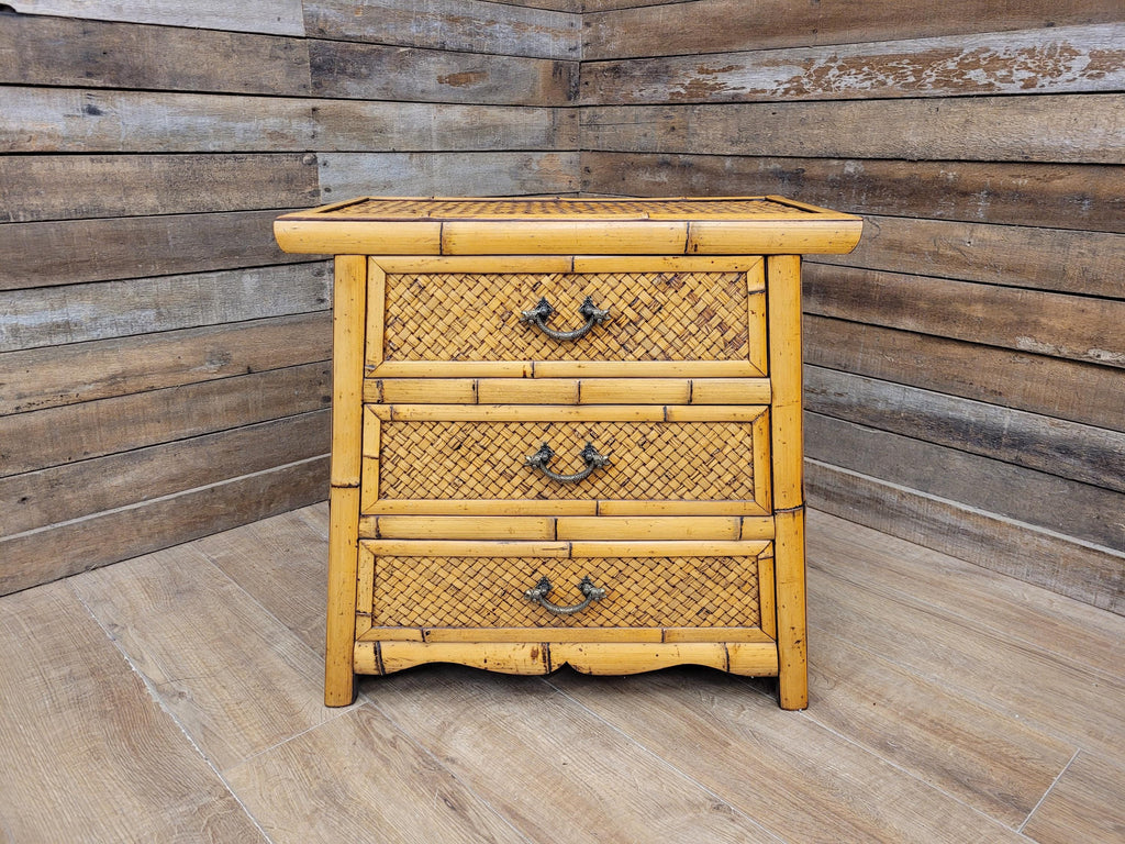 Bamboo Chest Of Drawers Wicker Fronted Vintage Bedside Cabinet Side Chest