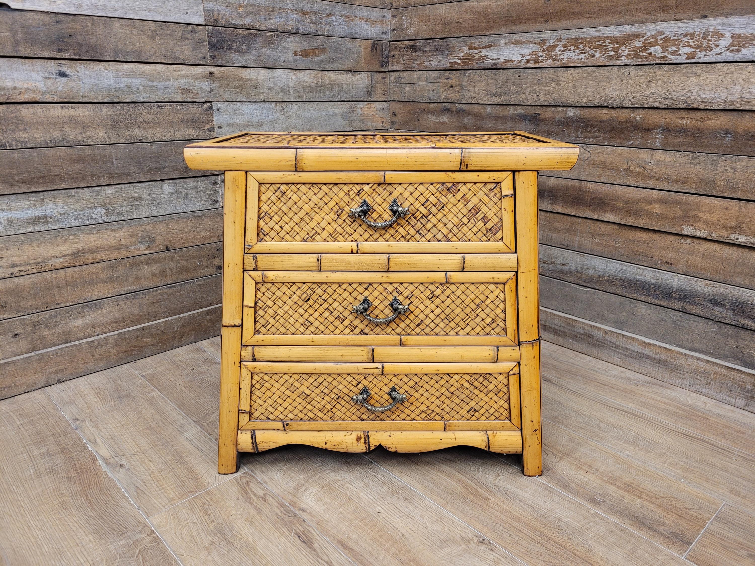 Bamboo Chest Of Drawers Wicker Fronted Vintage Bedside Cabinet Side Chest