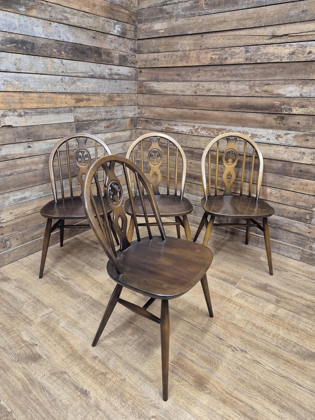 Ercol Dining Chairs Elm Beech Vintage Fleur De Lys Set of 4 Mid Century