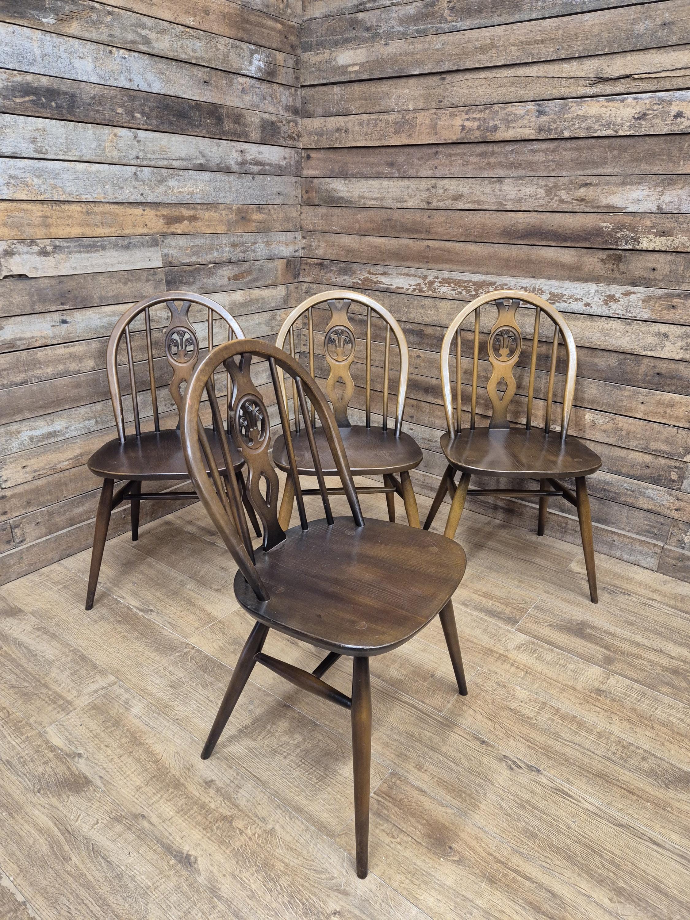 Ercol Dining Chairs Elm Beech Vintage Fleur De Lys Set of 4 Mid Century