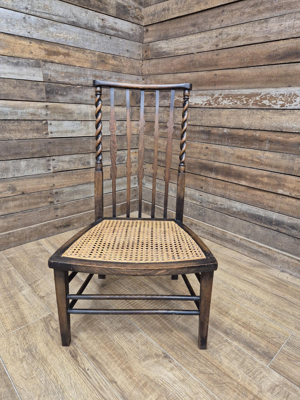 Oak Rush Seat Barley Twist Low Chair Early 20thC Antique Country Child Stool