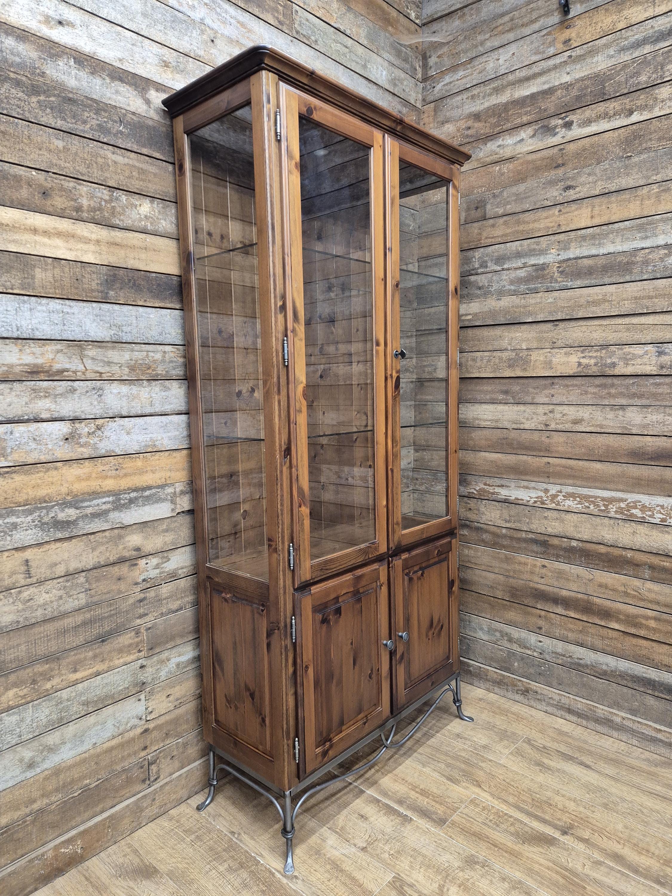 Ducal Pine Display Cabinet Glazed Doors Vintage Storage Cupboard